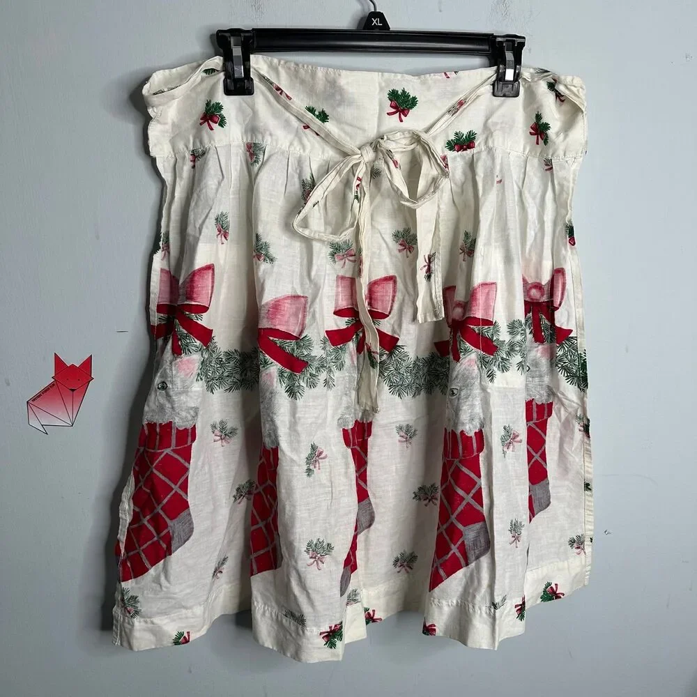 Vintage Holiday Christmas Skirt Apron Gray Kittens in Stockings Cotton